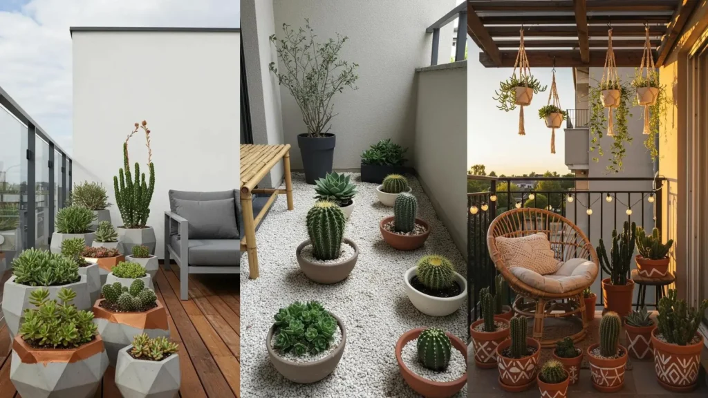Balcones modernos decorados con cactus y suculentas en macetas DIY de diseño único.