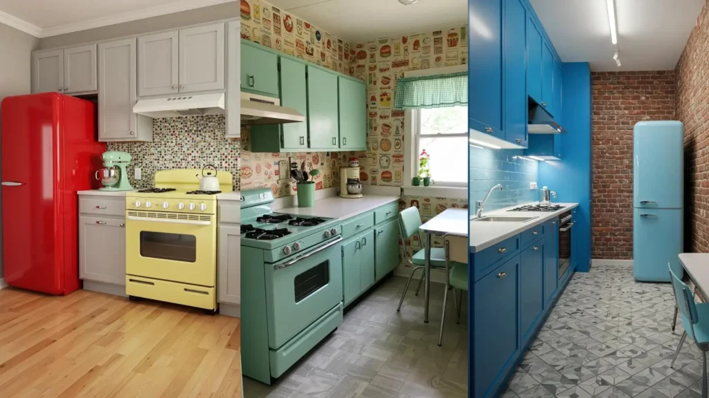 Tres cocinas retro americanas con frigoríficos, estufas y gabinetes vintage en rojo, amarillo, menta y azul vibrantes.