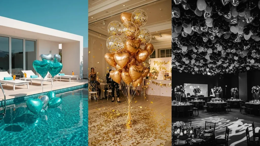 Hermosas decoraciones con globos metálicos en forma de corazón para cumpleaños, incluyendo arreglos dorados y azules en piscinas y salones.