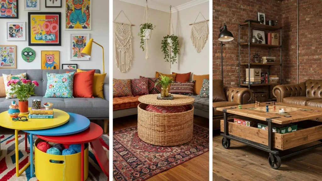 Ideas de mesas de centro con almacenamiento oculto: diseño funcional en mimbre, madera o con cestas para espacio pequeño.