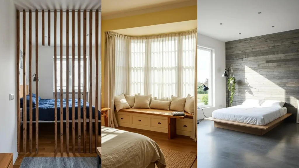 Dormitorios modernos con decoración de madera reciclada: divisor de listones, banco junto a la ventana y pared de acento.