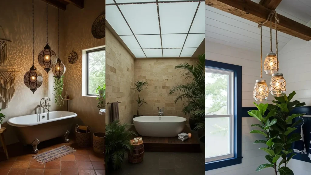 Diseños de baños con iluminación creativa: lámparas colgantes, panel de techo y luces de tarro, maximizando la luz solar.