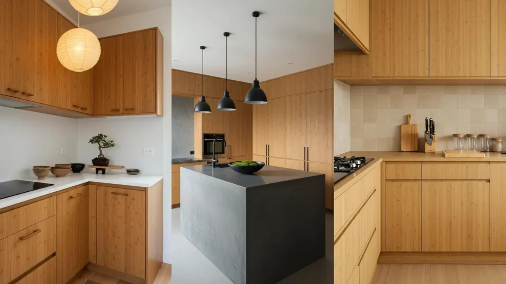 Diseño de cocina japonesa minimalista con muebles de bambú, encimeras claras y detalles de cerámica natural y bonsai.