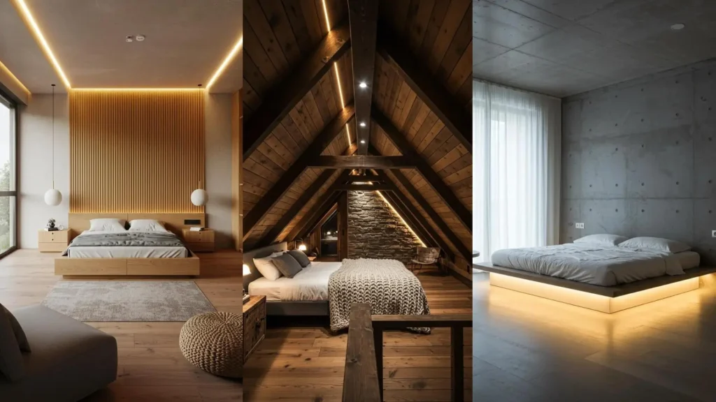 Tres diseños de dormitorios con iluminación LED indirecta que crea ambientes modernos, rústicos y minimalistas.