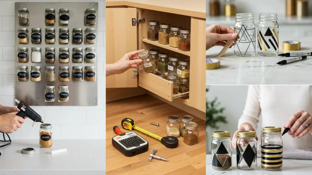 Frascos de especias DIY organizados en un estante magnético y en un cajón, con frascos decorados y herramientas de bricolaje.