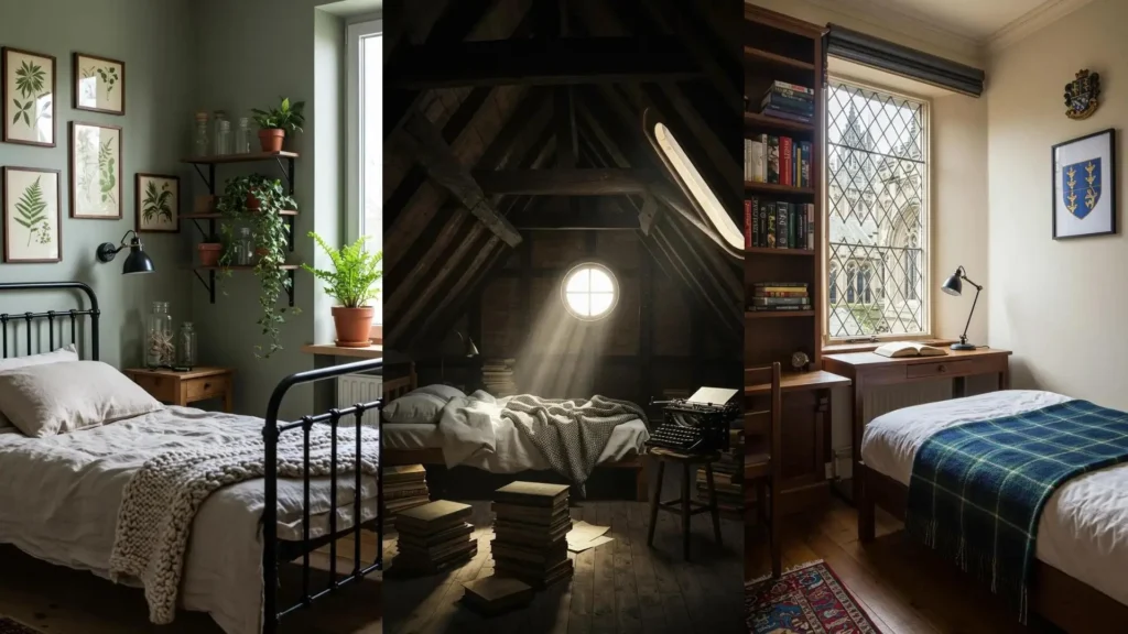 Dormitorios dark academia: diseño de interiores con libros antiguos, escritorio de estudio y máquina de escribir para un ambiente intelectual.