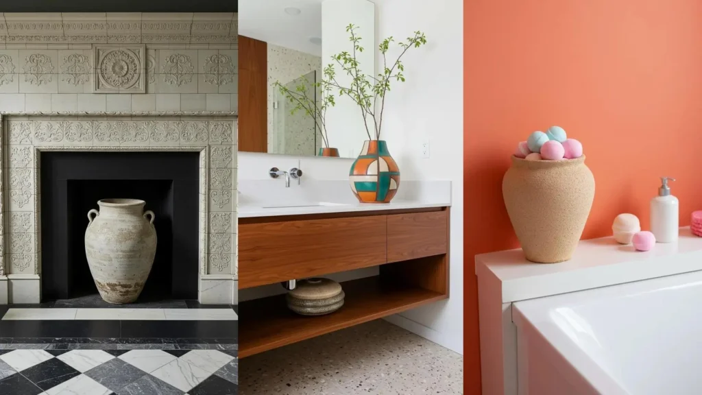 Jarrones de cerámica en el baño: ideas originales de decoración, desde jarrones con plantas hasta almacenamiento de bombas de baño.