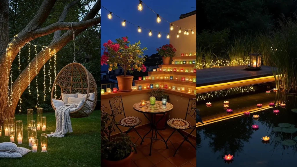 Jardines y balcones románticos iluminados con velas, luces de hadas, faroles y flores flotantes.