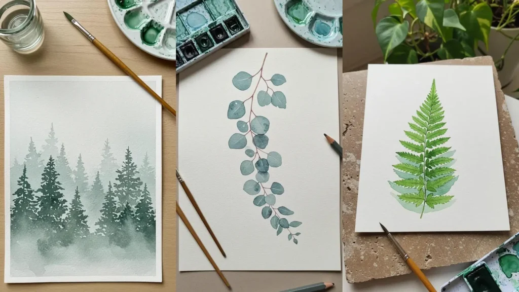Cuadros de acuarela fáciles para principiantes: bosque brumoso, eucalipto y helecho. Ideas que llenan de calma.