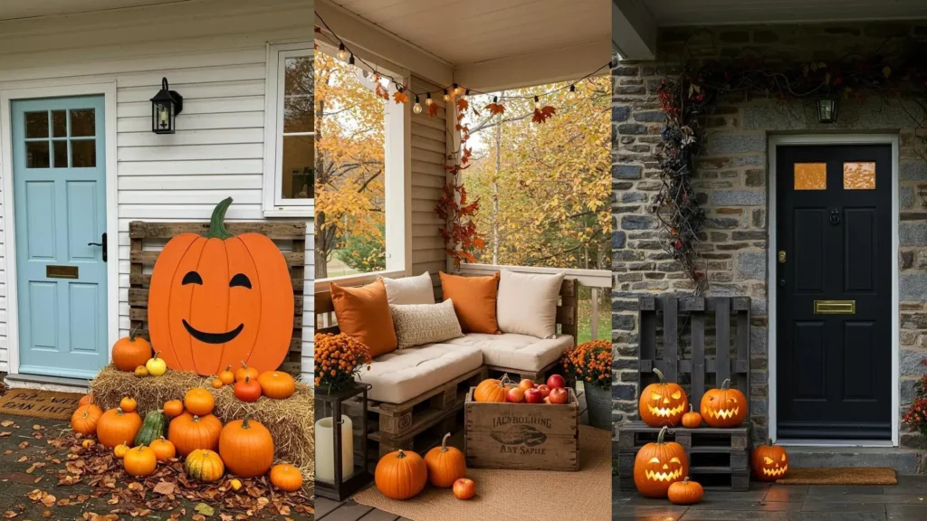 Hermosas decoraciones de porche otoñal con calabazas, hojas secas y muebles de palets, perfectas para bricolaje.