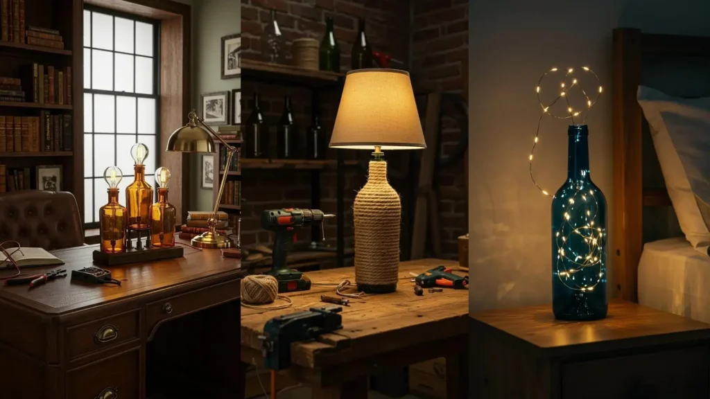 Botellas de vidrio recicladas transformadas en creativas lámparas de mesa DIY, iluminando diferentes ambientes.