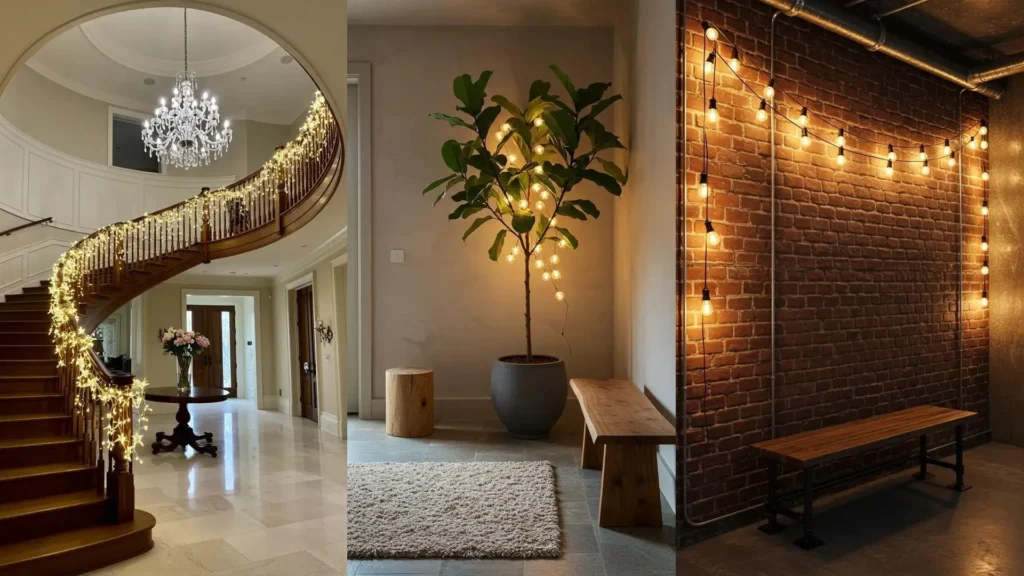 Ambienta tu recibidor con guirnaldas cálidas: escalera, planta iluminada y pared de ladrillo. Ideas luminosas y acogedoras.
