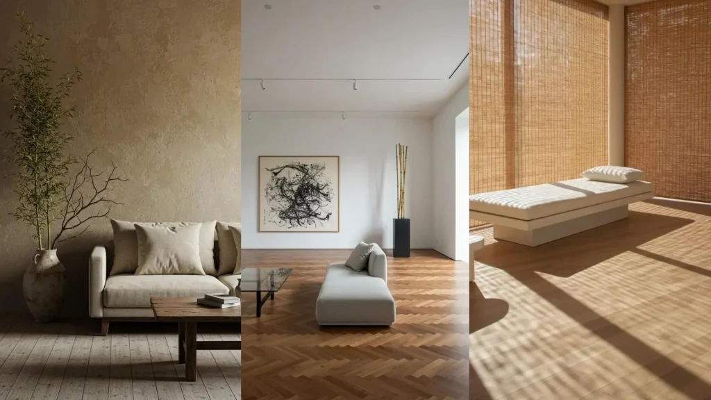 Tres salas zen con bambú, sofás minimalistas y luz natural, evocando armonía japonesa en cada detalle.