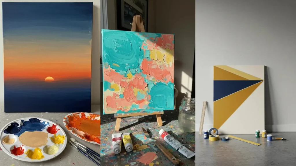 Vista de tres cuadros abstractos DIY fáciles con pinturas y herramientas, perfectos para dar color a tu sala.