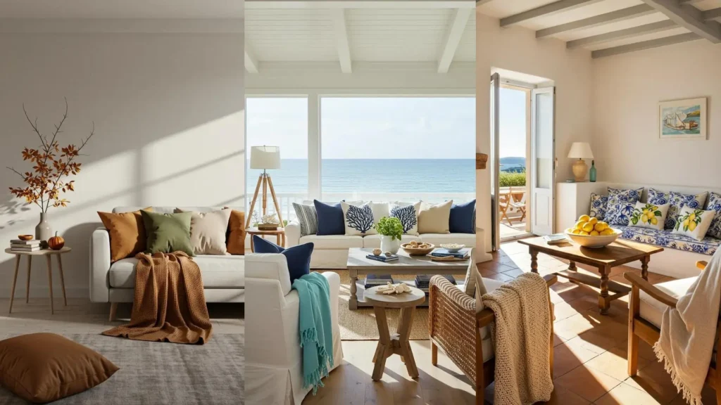 Tres salas decoradas con cojines y mantas estacionales, mostrando estilos de otoño, costero y mediterráneo.
