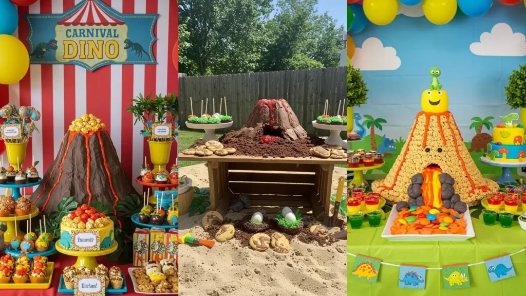 Mesas dulces temáticas de dinosaurios con volcanes DIY y variedad de postres para cumpleaños.