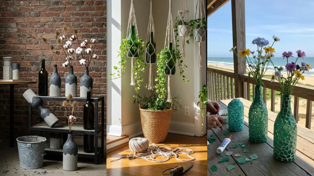 Botellas de vino recicladas en floreros DIY elegantes con texturas de cemento, macramé colgante y mosaicos de vidrio.