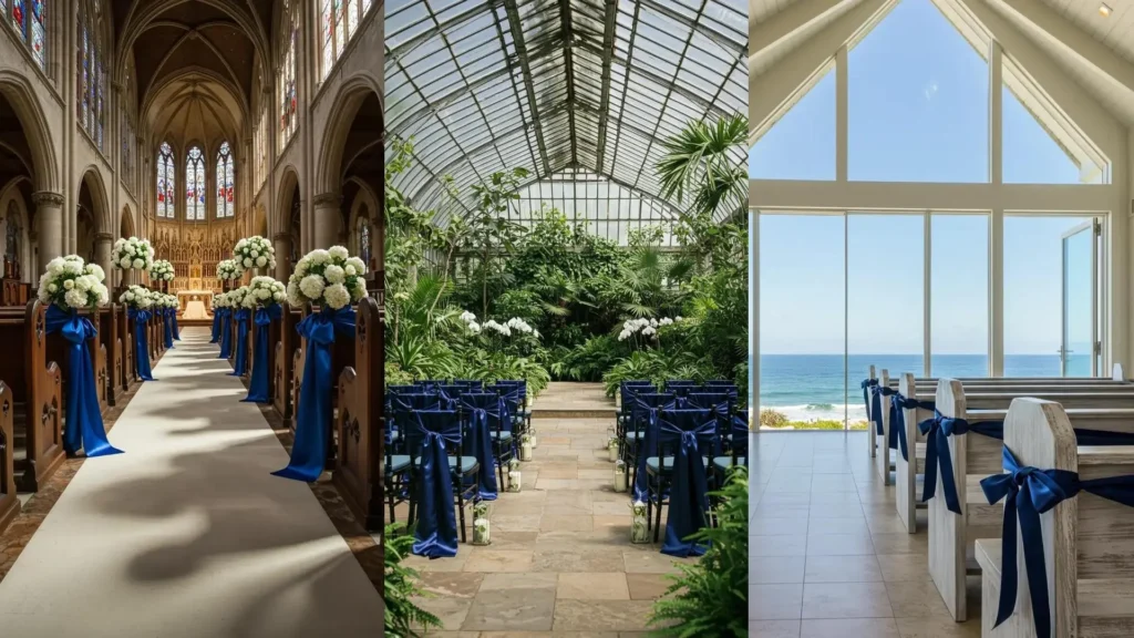 Decoración de bodas clásicas con bancos y asientos adornados con lazos de satén azul marino en distintos ambientes.