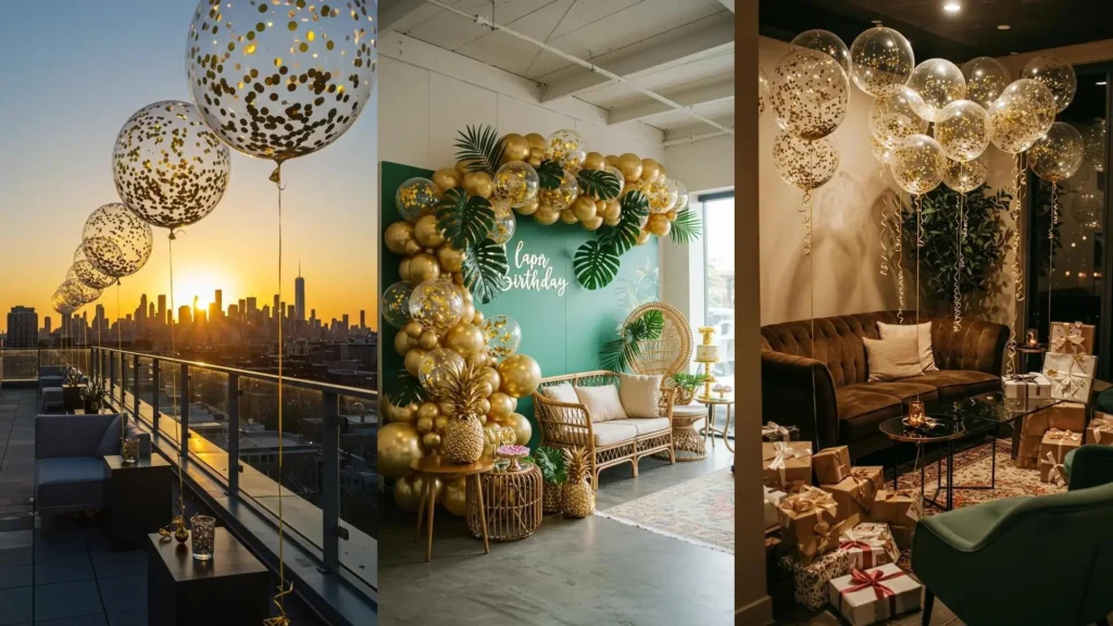 Decoraciones de cumpleaños elegantes con globos transparentes llenos de confeti dorado en diferentes ambientes festivos.