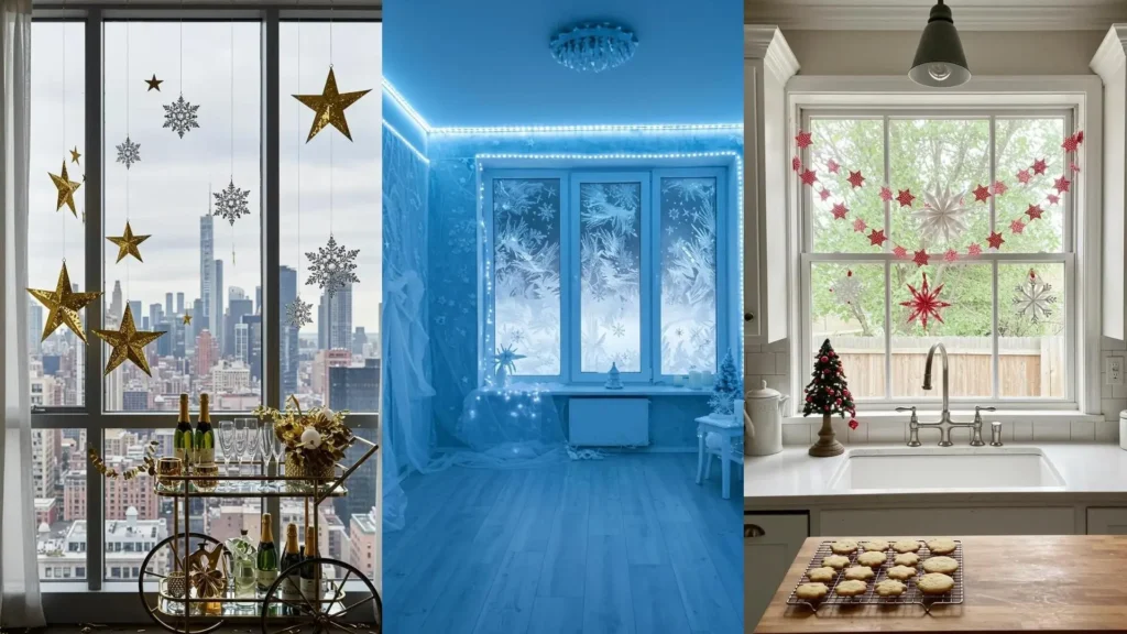 Ventanas festivas adornadas con estrellas doradas y rojas, y copos de nieve colgantes y escarchados.