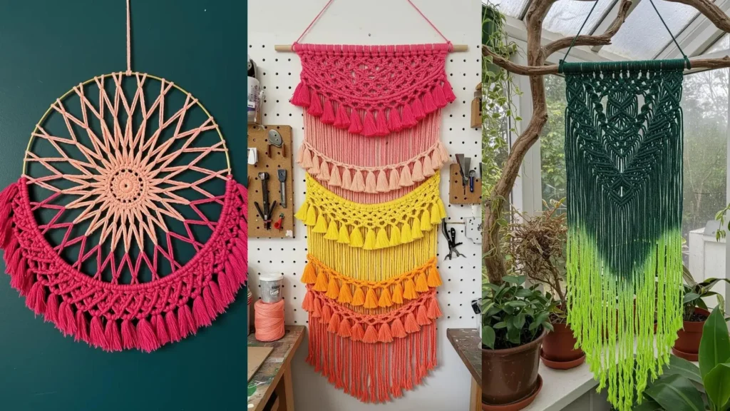 Hermosos tapices de macramé DIY con degradados de colores vibrantes en rosa, amarillo, naranja y verde.