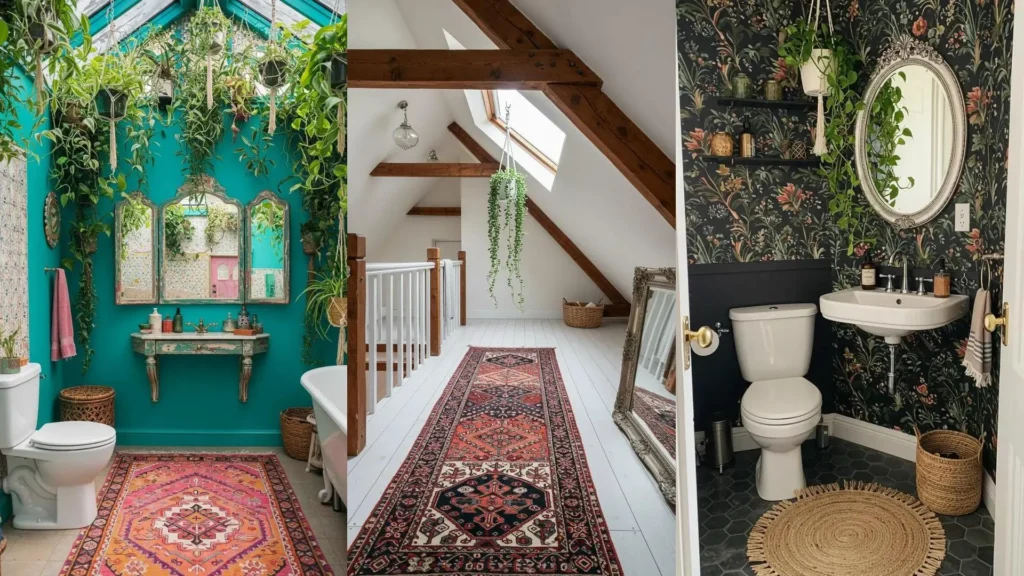 Baños boho con alfombras estampadas, plantas colgantes y espejos vintage. Ideas de decoración inspiradoras.