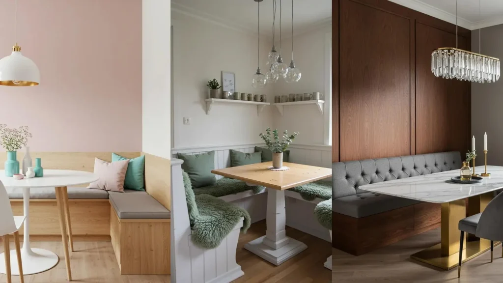 Inspiración nórdica: comedores con bancos de madera empotrados, mesas y decoración moderna, estilo revista.