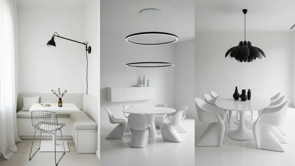 Tres comedores minimalistas en blanco puro, destacando lámparas modernas y jarrones en negro mate para una decoración elegante.