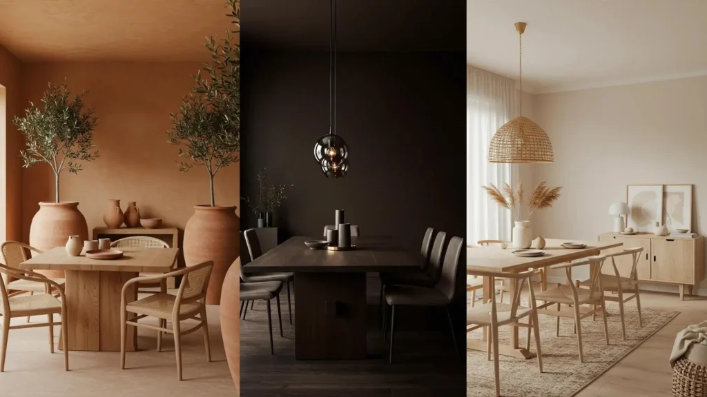 Decoración de comedor monocromático con tonos tierra suaves. Mesas de madera, sillas y toques naturales en beige, ocre y marrón.