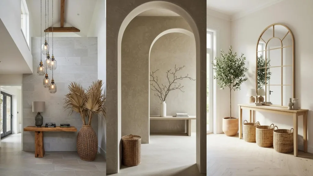 Entradas neutras y estilosas con madera natural, mimbre, plantas y toques orgánicos para un ambiente acogedor.