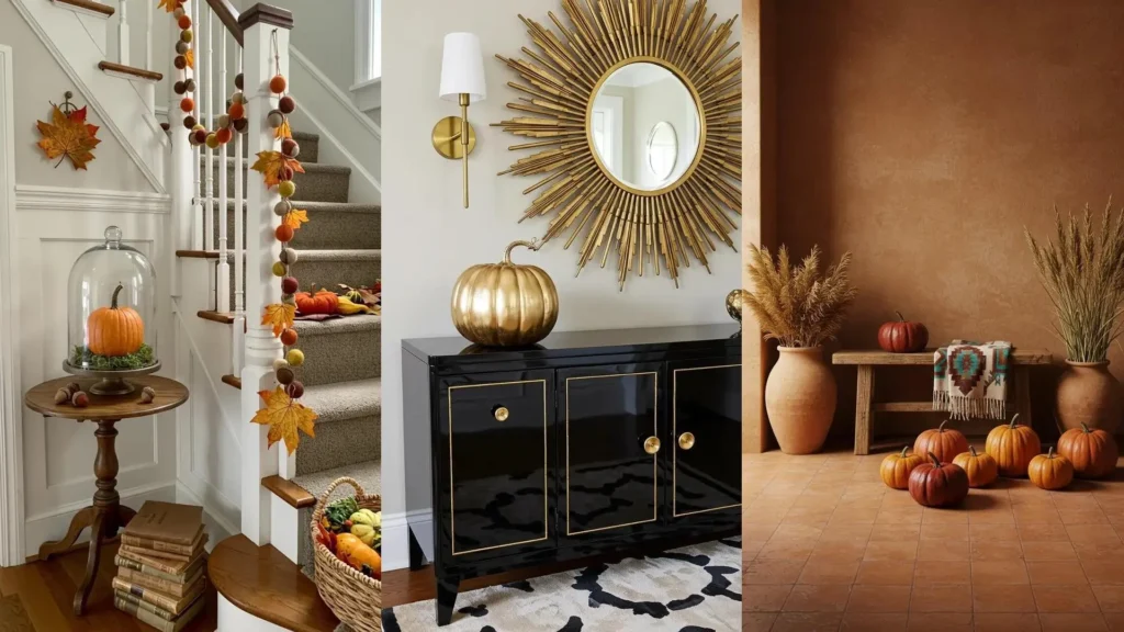Entradas otoñales con calabazas, hojas secas y tonos cálidos. Decoración de bienvenida con encanto.