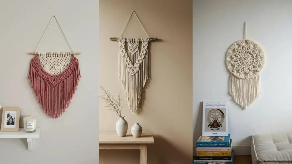 Varios tapices de macramé pequeños, de distintos colores y diseños, decorando rincones minimalistas de una casa.