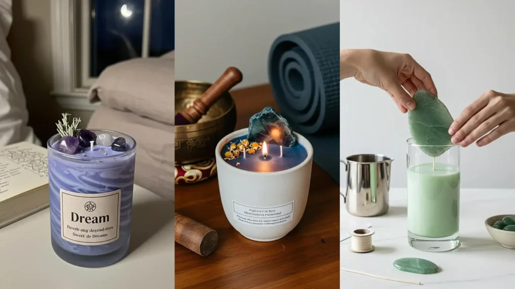 Varias velas aromáticas con incrustaciones de cristales de amatista y piedras naturales de jade en un ambiente sereno.