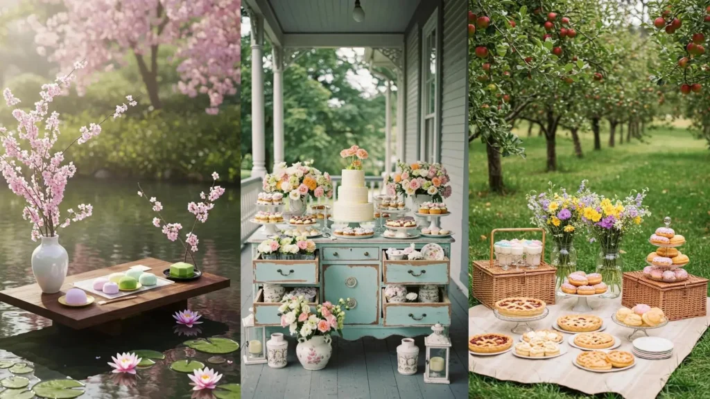 Mesa de postres floral para boda con pastel de varios niveles y cupcakes, decorada con flores frescas.