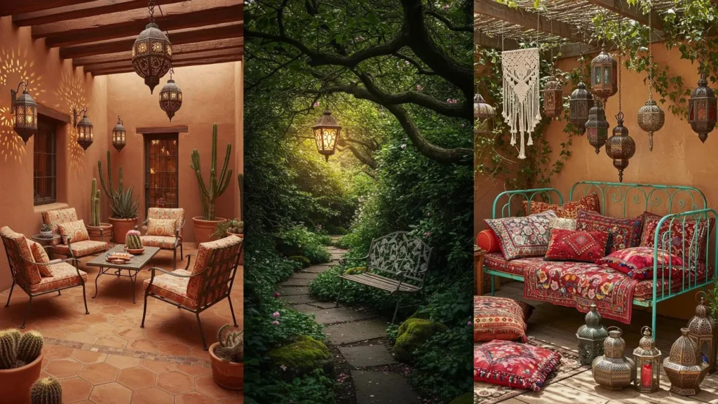 Patios vintage con muebles de hierro forjado, faroles antiguos y decoración exuberante.