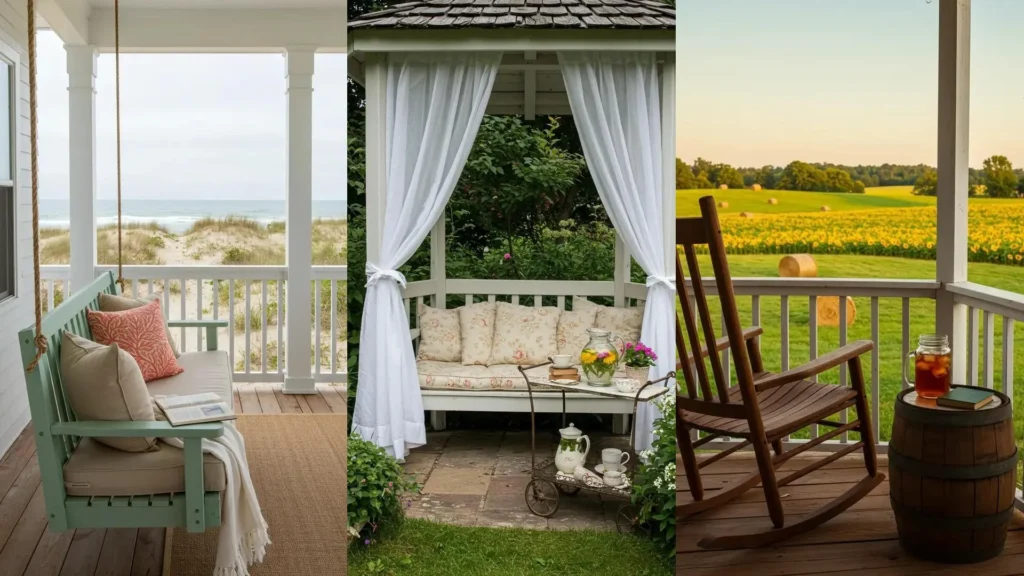 Rincones de lectura con detalles de verano: columpio en la playa, cenador en jardín y mecedora en campo de girasoles.