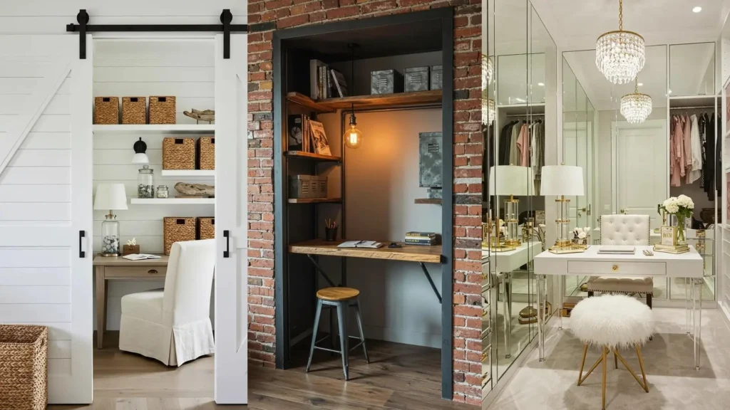Oficinas escondidas en armarios con ideas decorativas; diseños funcionales y con estilo para trabajar desde casa.
