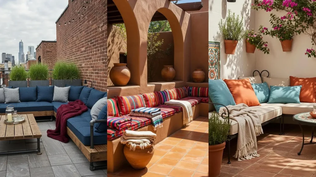 Patios acogedores con sofás rebosantes de cojines grandes y mantas suaves para crear un oasis de relajación exterior.