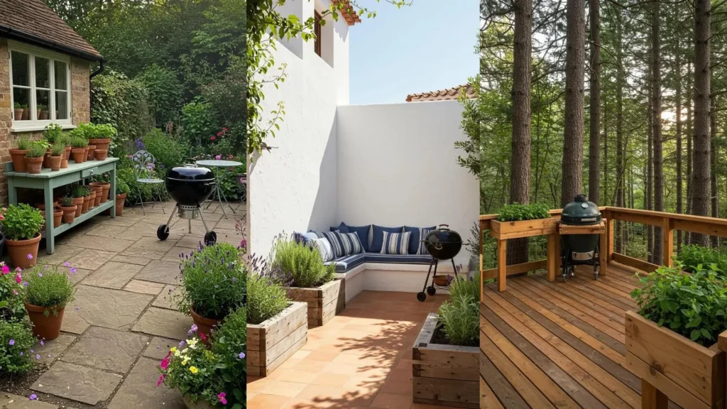 Patios frescos con hierbas aromáticas y parrillas, perfectos para cocinar y disfrutar del aire libre.