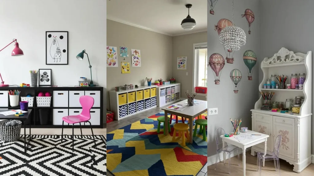 Rincones de arte para niños con estanterías bajas y almacenamiento de colores vivos. Mesas y sillas infantiles para crear.
