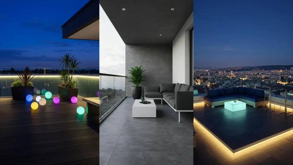 Balcones modernos con barandillas de cristal, vistas a la ciudad, muebles de exterior y atractivas luces decorativas.