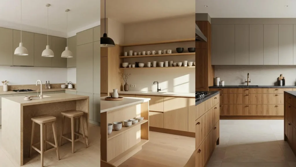 Tres cocinas minimalistas modernas decoradas con tonos tierra, madera clara y piedra natural, incluyendo islas y estantes.