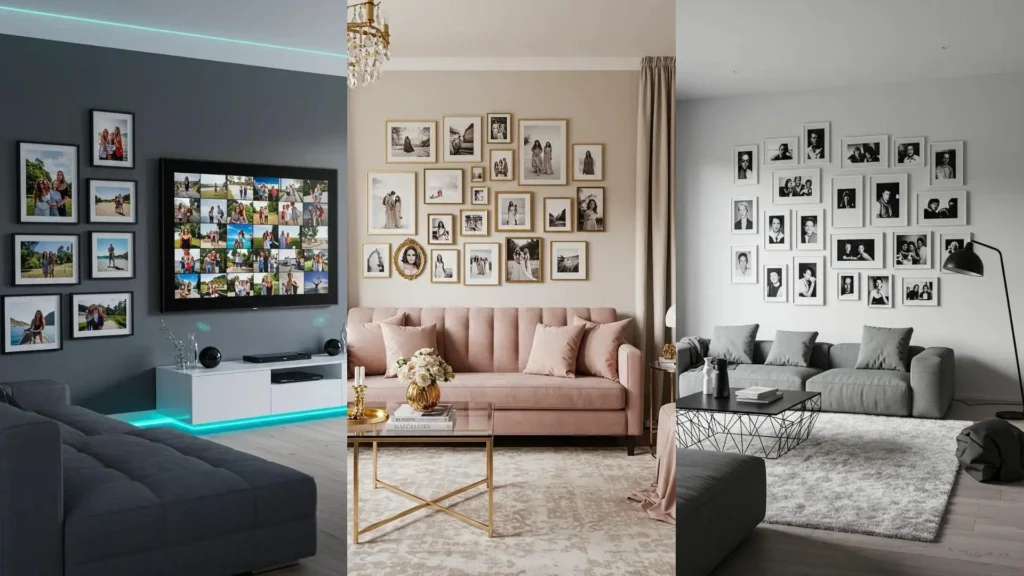 Tres ideas modernas y elegantes para una galería de fotos familiares en la sala de estar con marcos variados y TV.