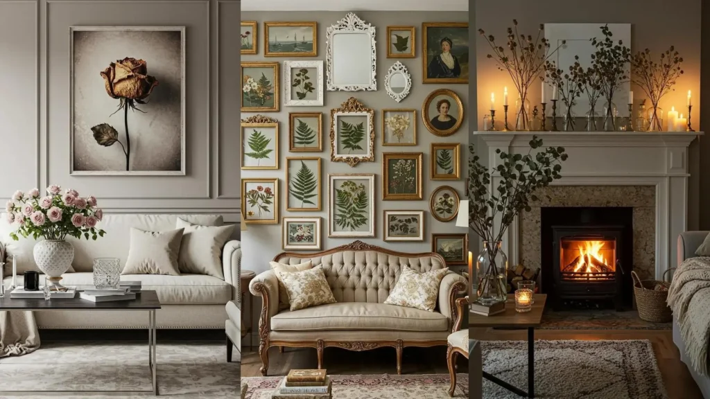 Diseño de sala de estar shabby chic con delicadas flores secas y arte botánico en un ambiente acogedor.