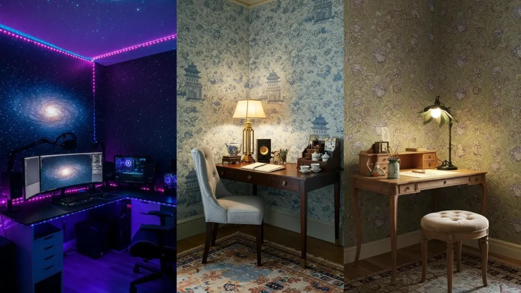 Tres rincones de oficina con fondos de papel pintado y luces suaves, ideales para grabar videos DIY y crear contenido.
