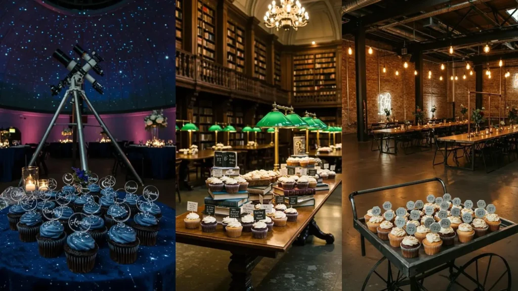 Exhibición de cupcakes con glaseado y toppers personalizados en una boda, parte de las 25 ideas de decoración.