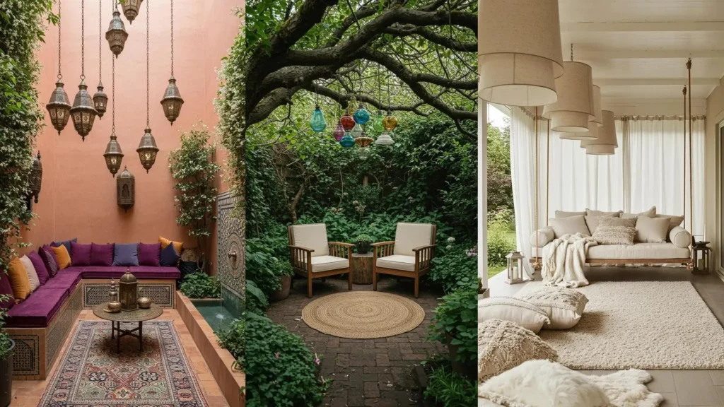 Espacios exteriores boho chic con alfombras y lámparas colgantes que crean un ambiente bohemio relajado.