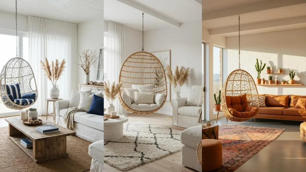 Varias salas bohemias con sillones colgantes tipo huevo, decoración con pampas, plantas y ambiente natural.