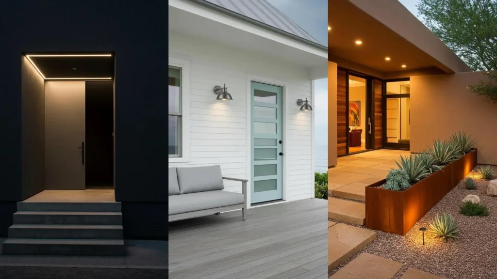 Tres porches minimalistas modernos con líneas limpias y tonos neutros, incluyendo un sofá gris y plantas.