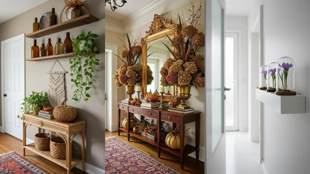 Entrada acogedora con estanterías flotantes de madera, plantas y detalles de temporada como calabazas y cestas de mimbre.